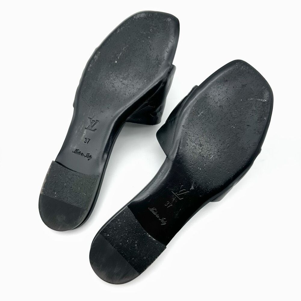 LOUIS VUITTON Embossed Monogram Revival Flat Mules Size 37 Black Logo Slides - Picture 11 of 12